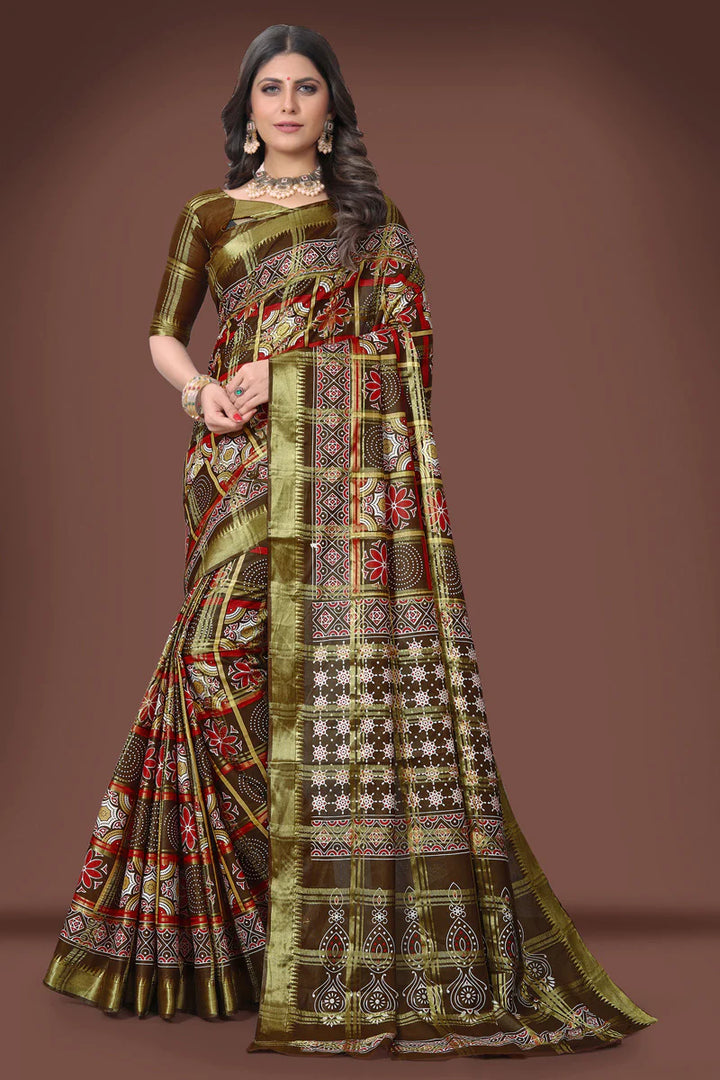 Beguiling Brown Color Printed Work Cotton Saree