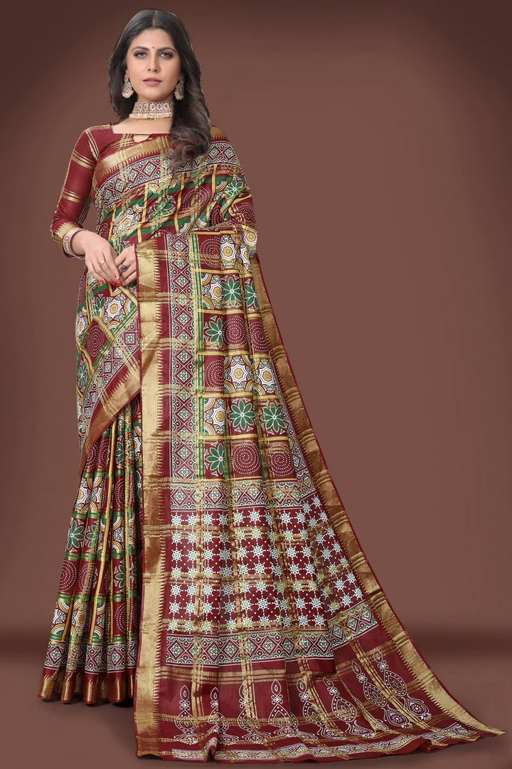 Maroon Color Winsome Printed Work Cotton Saree