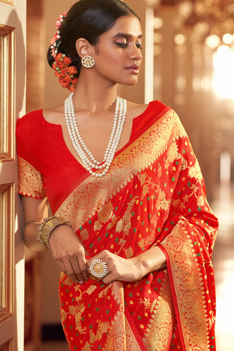 Captivating Chiffon Bandhej Style Saree In Red Color