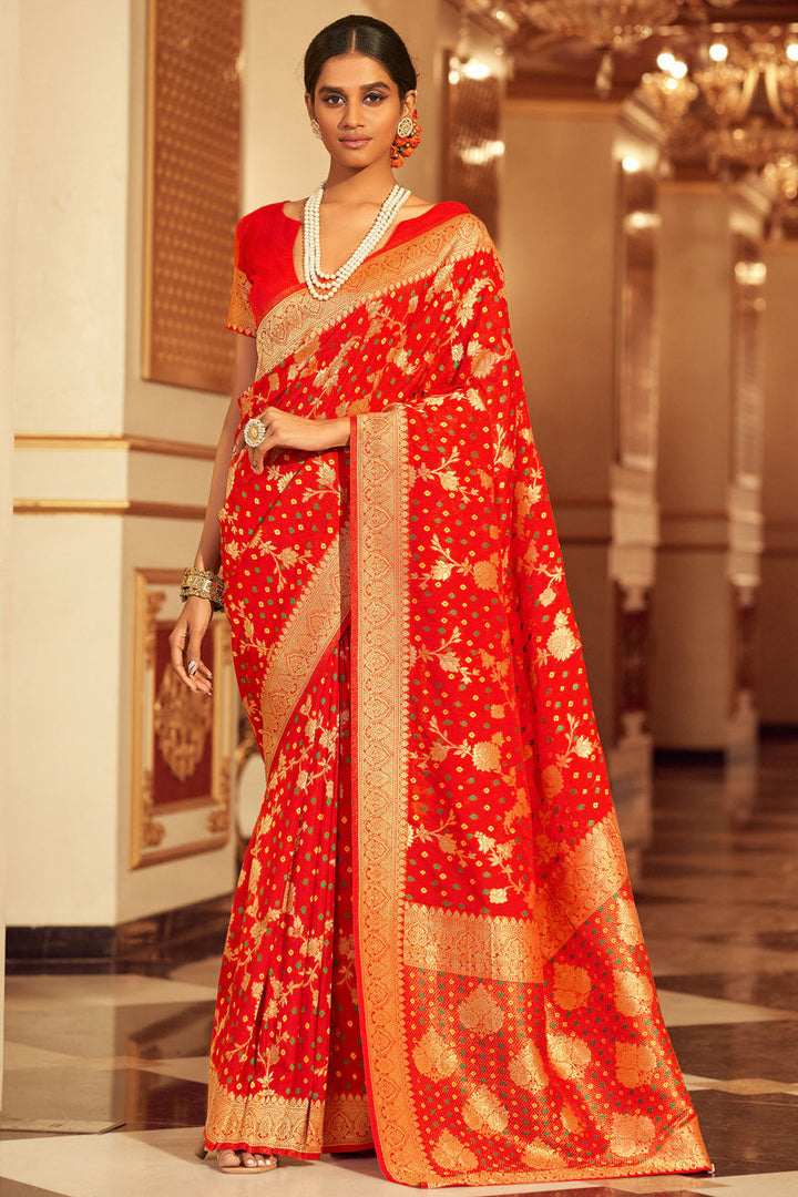 Captivating Chiffon Bandhej Style Saree In Red Color