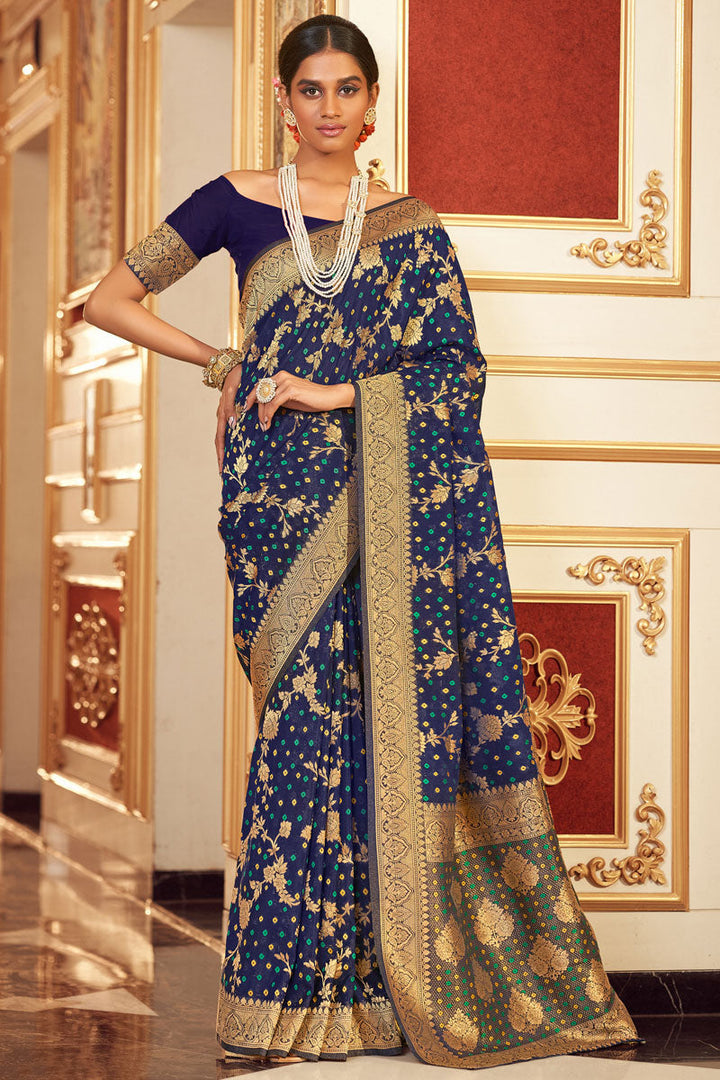 Awesome Chiffon Bandhej Style Saree In Navy Blue Color
