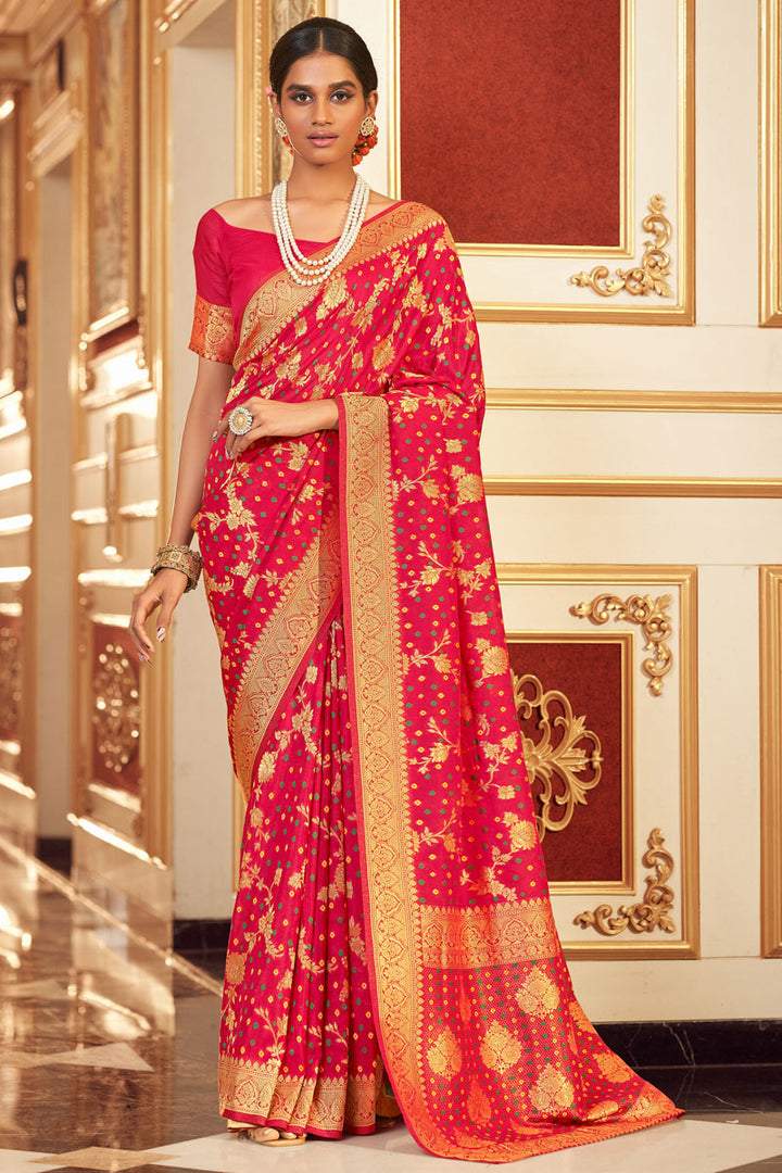 Appealing Chiffon Bandhej Style Saree In Pink Color