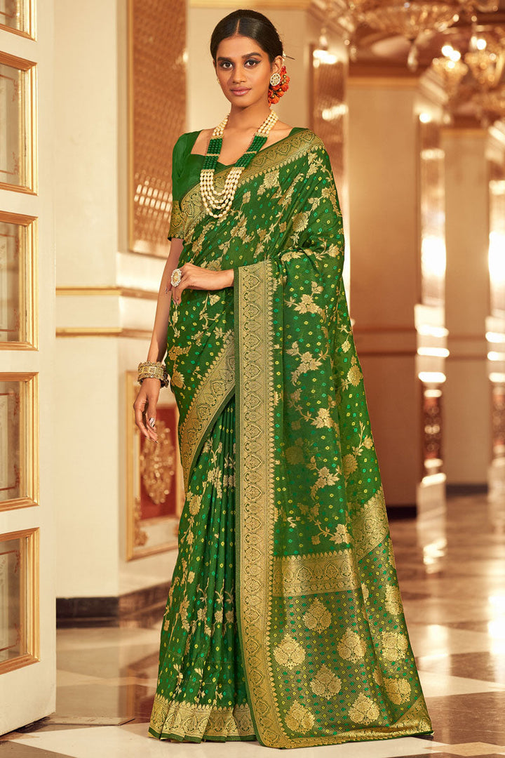 Green Color Aristocratic Chiffon Bandhej Style Saree