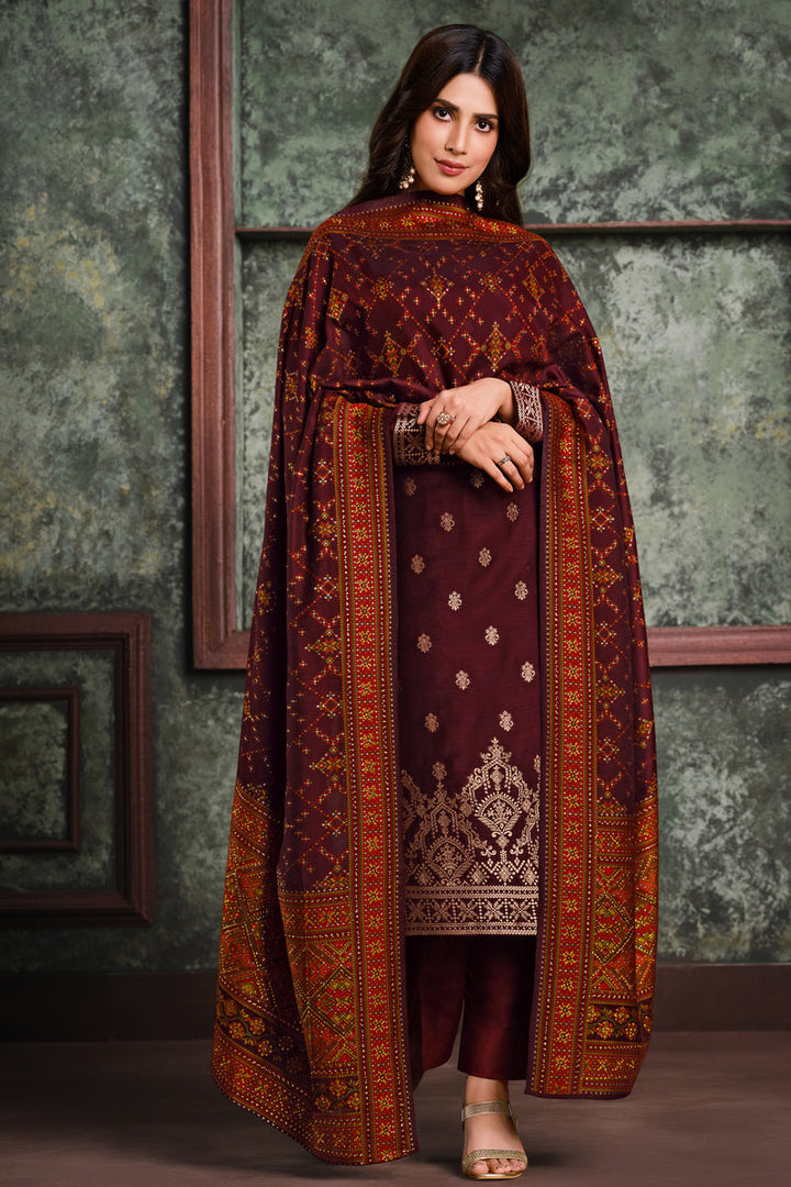 Maroon Color Jacquard Silk Fabric Festival Wear Weaving Work Palazzo Suit