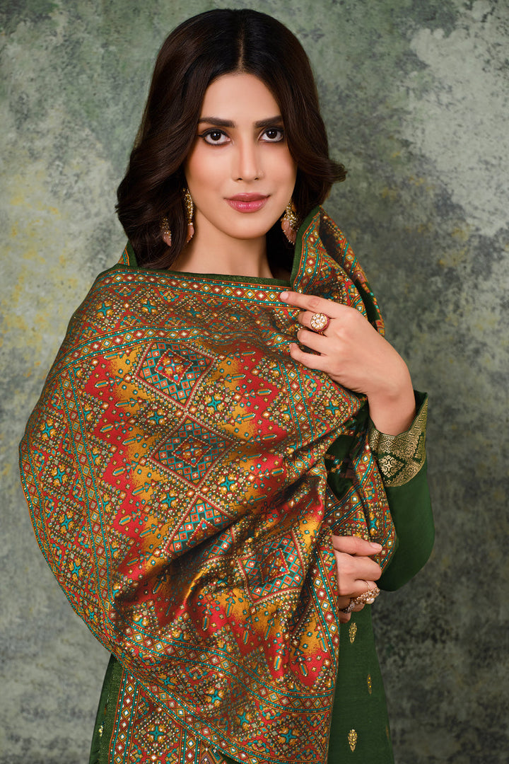 Festival Wear Jacquard Silk Fabric Green Color Weaving Work Salwar Suit