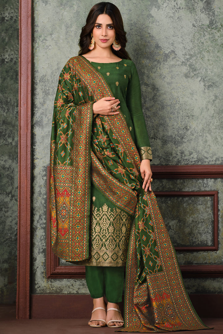 Festival Wear Jacquard Silk Fabric Green Color Weaving Work Salwar Suit