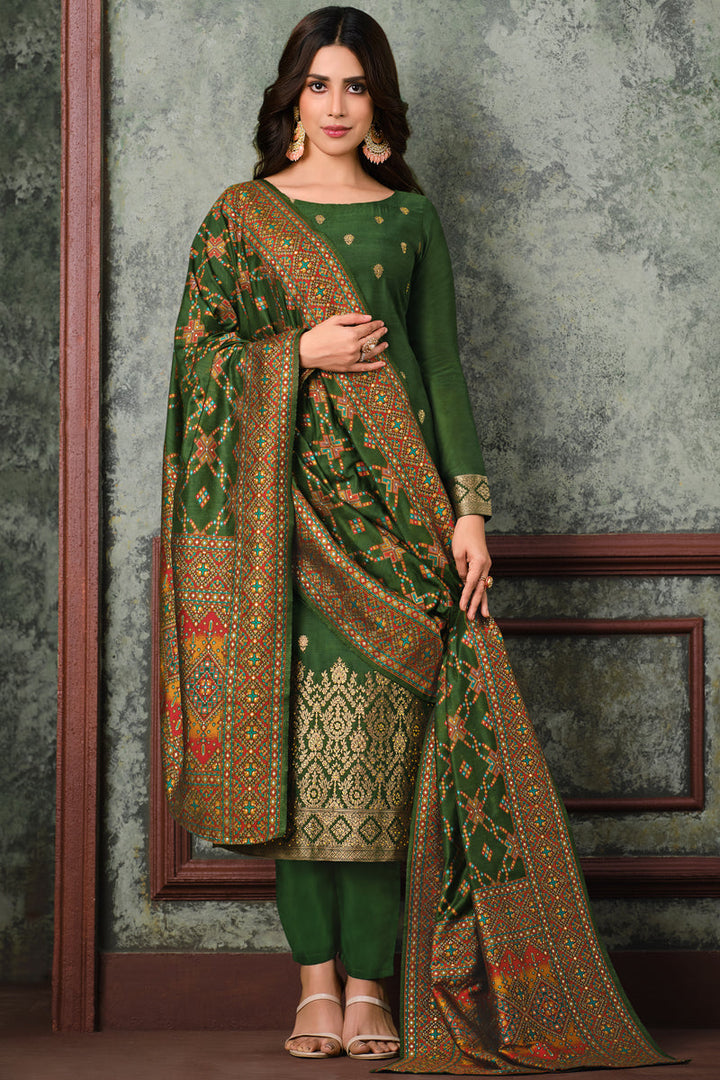 Festival Wear Jacquard Silk Fabric Green Color Weaving Work Salwar Suit