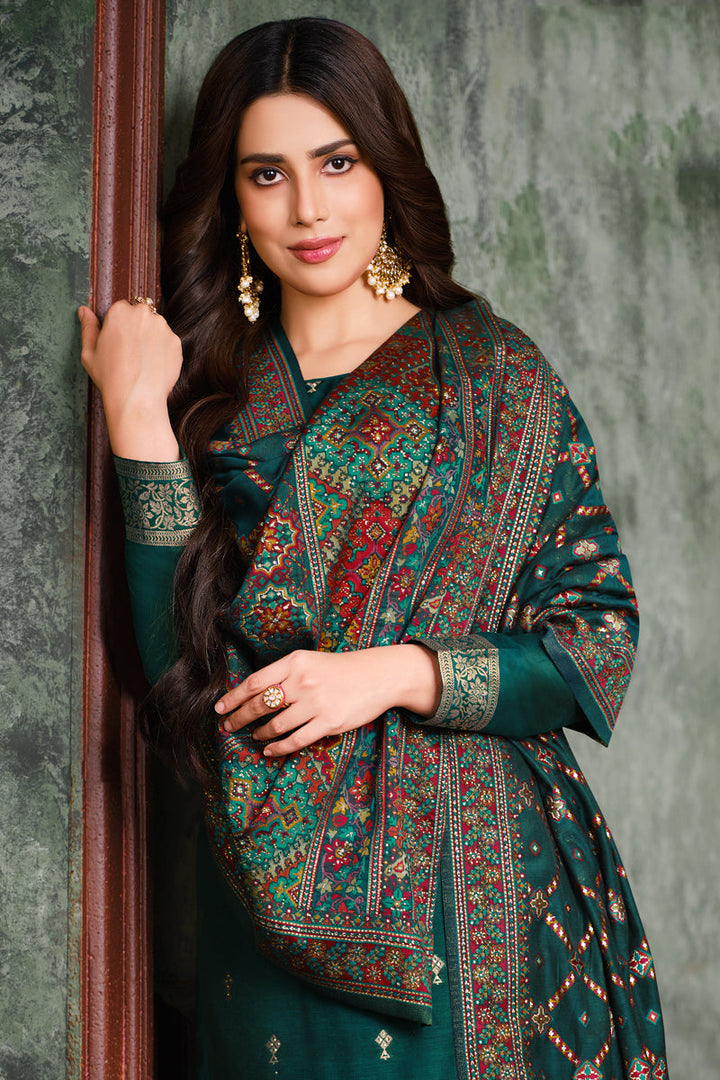 Jacquard Silk Fabric Weaving Work Festival Wear Palazzo Suit In Teal Color