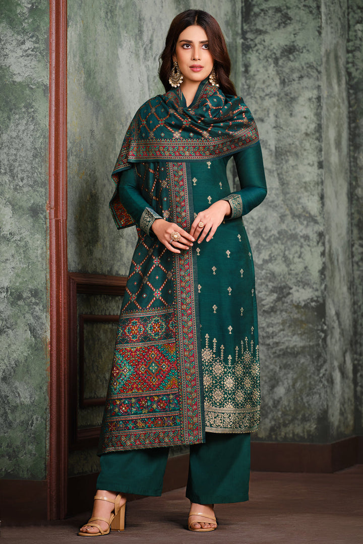 Jacquard Silk Fabric Weaving Work Festival Wear Palazzo Suit In Teal Color