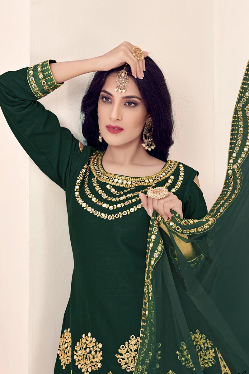 Art Silk Fabric Dark Green Embroidered Festive Wear Patiala Suit