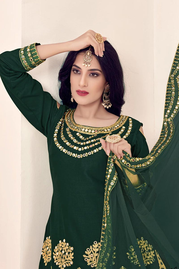 Art Silk Fabric Dark Green Embroidered Festive Wear Patiala Suit