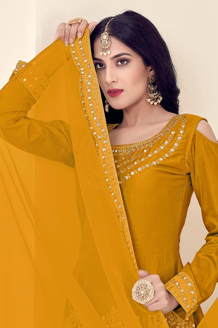 Gorgeous Mustard Art Silk Festive Wear Embroidered Patiala Salwar Suit