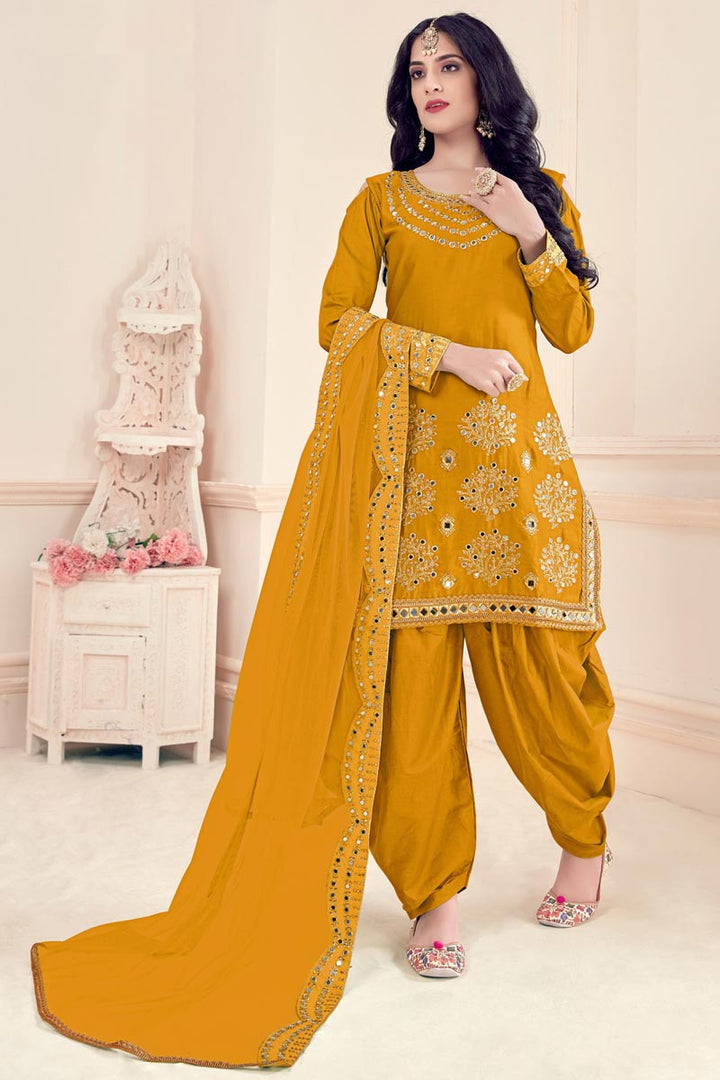 Gorgeous Mustard Art Silk Festive Wear Embroidered Patiala Salwar Suit