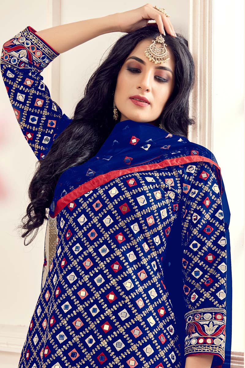 Engaging Embroidered Work On Blue Color Festival Wear Patiala Suit In Cotton Fabric