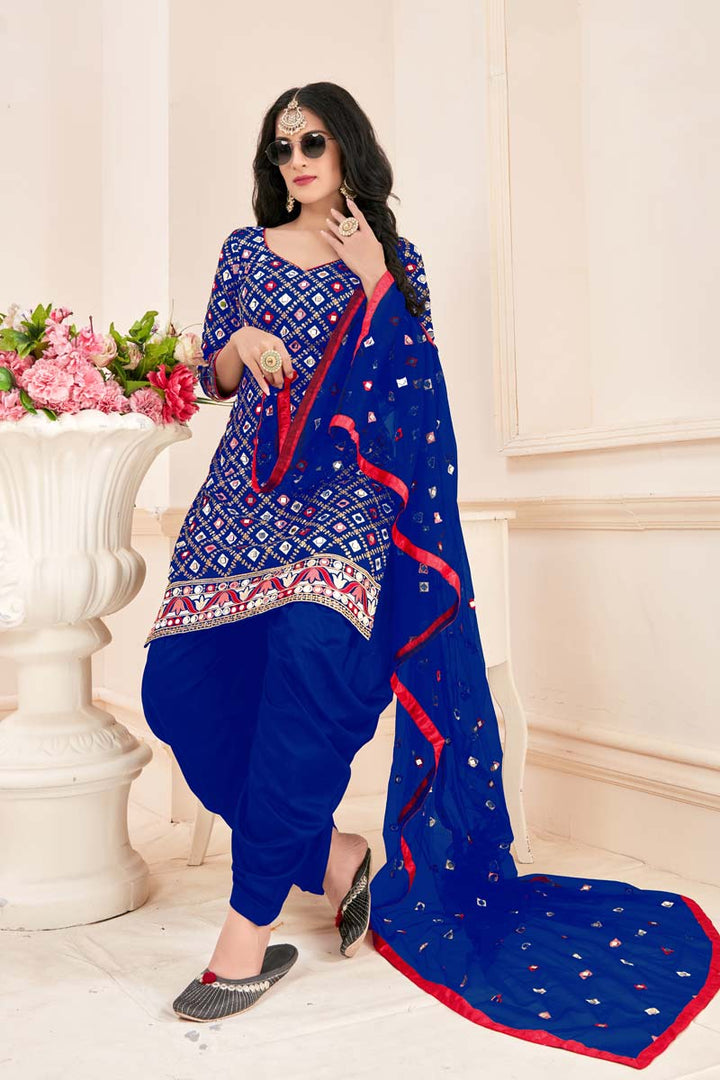 Engaging Embroidered Work On Blue Color Festival Wear Patiala Suit In Cotton Fabric