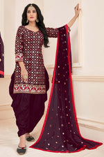 Load image into Gallery viewer, Beguiling Embroidered Work On Cotton Fabric Festival Wear Patiala Suit In Wine Color
