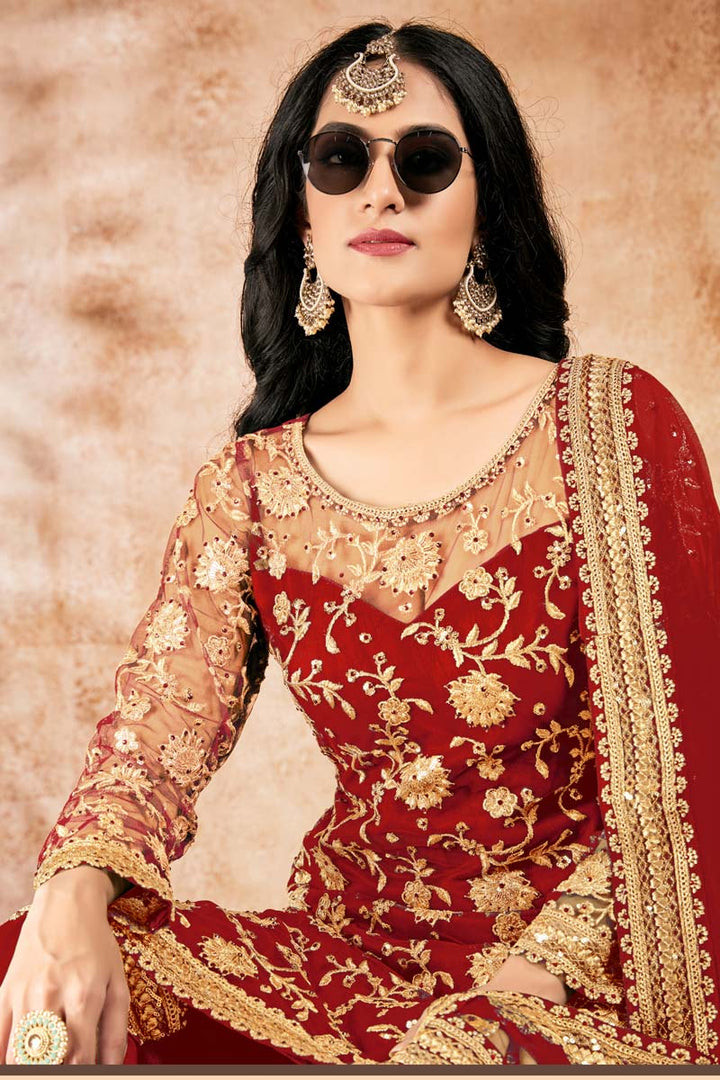 Net Fabric Function Wear Red Color Subline Sharara Suit With Embroidered Work