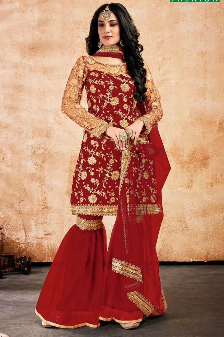 Net Fabric Function Wear Red Color Subline Sharara Suit With Embroidered Work