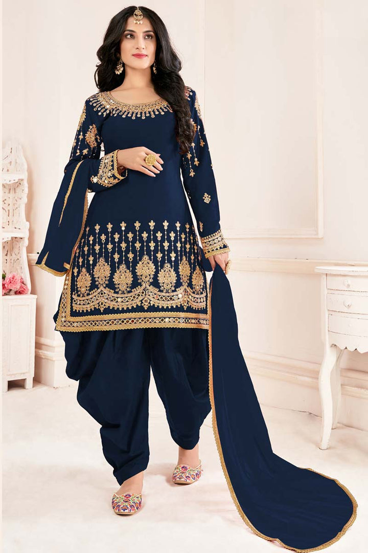 Art Silk Fabric Festival Wear Embroidered Winsome Patiala Suit In Navy Blue Color