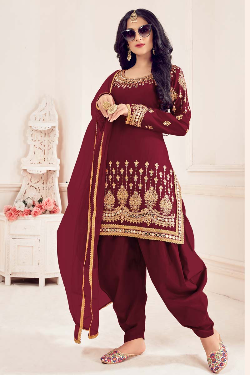 Maroon Color Festival Wear Embroidered Solid Patiala Suit In Art Silk Fabric