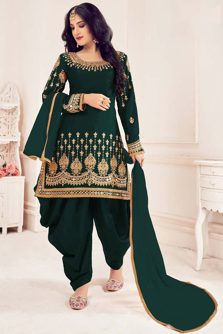Festival Wear Art Silk Fabric Designer Dark Green Color Embroidered Adorable Patiala Suit