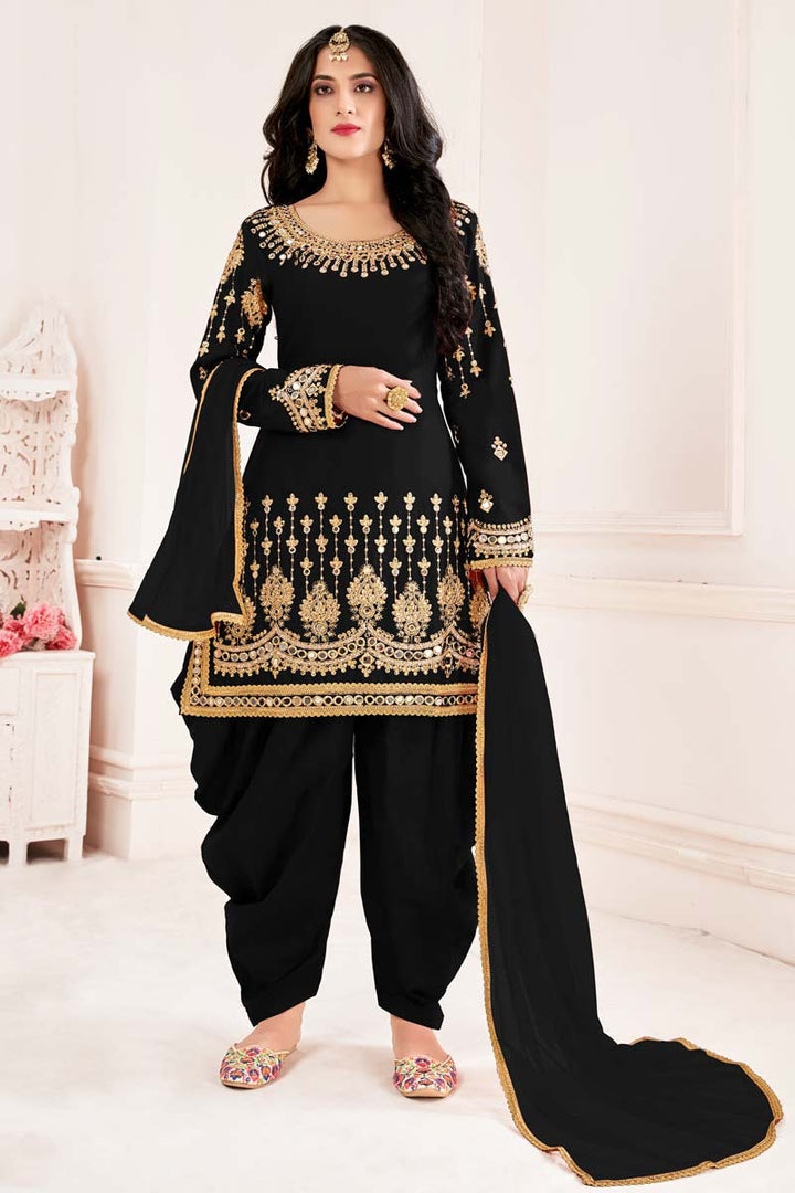 Festival Wear Art Silk Fabric Black Color Embroidered Patterned Patiala Suit