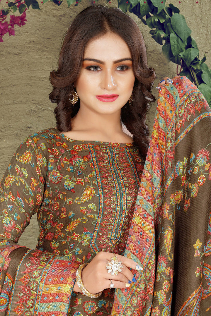 Pashmina Fabric Brown Color Supreme Casual Look Salwar Suit