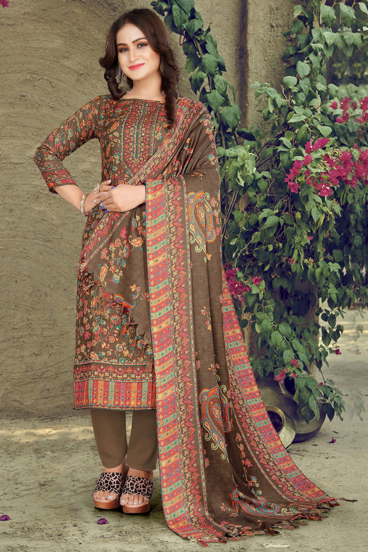 Pashmina Fabric Brown Color Supreme Casual Look Salwar Suit