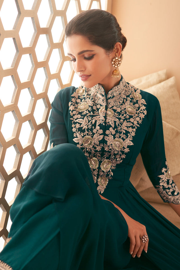Vartika Singh Luminous Floor Length Georgette Anarkali Suit In Dark Green