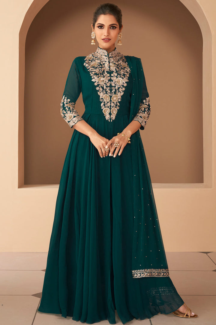 Vartika Singh Luminous Floor Length Georgette Anarkali Suit In Dark Green