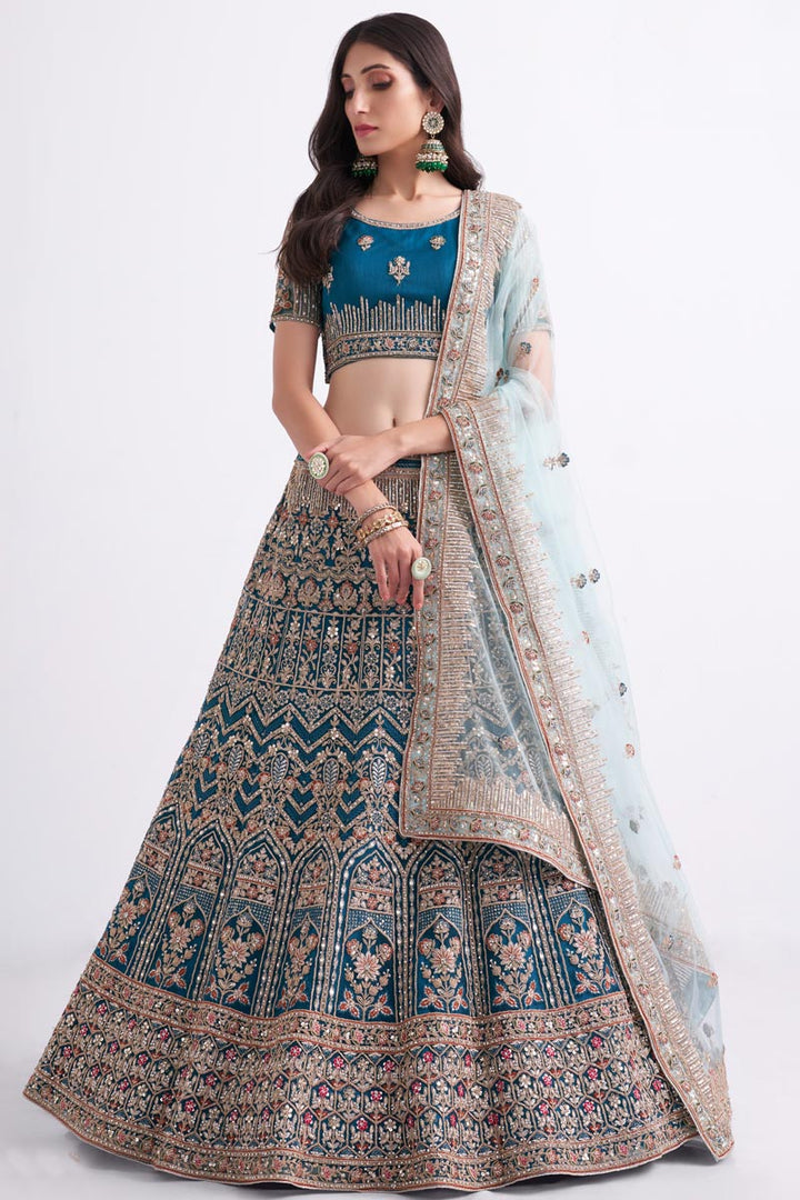 Blue Color Enticing Wedding Style Bridal Lehenga In Net Fabric