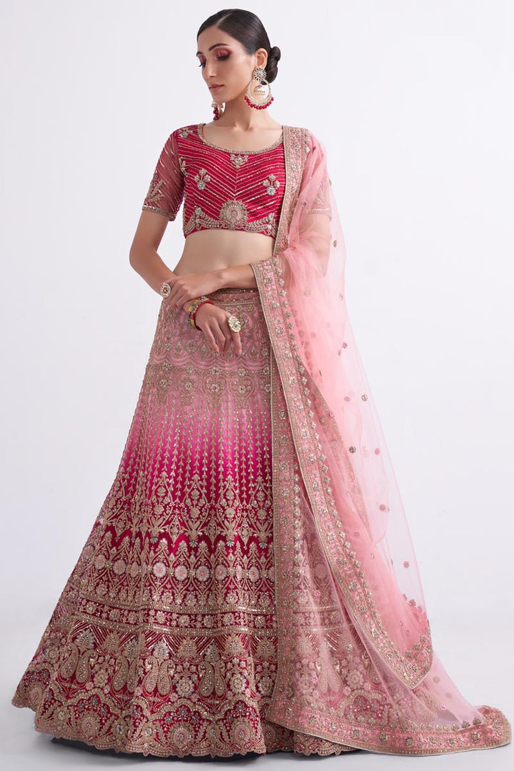Net Fabric Pink Color Fantastic Wedding Style Bridal Lehenga