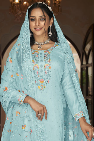 Festival Wear Enticing Embroidered Light Cyan Color Georgette Salwar Suit