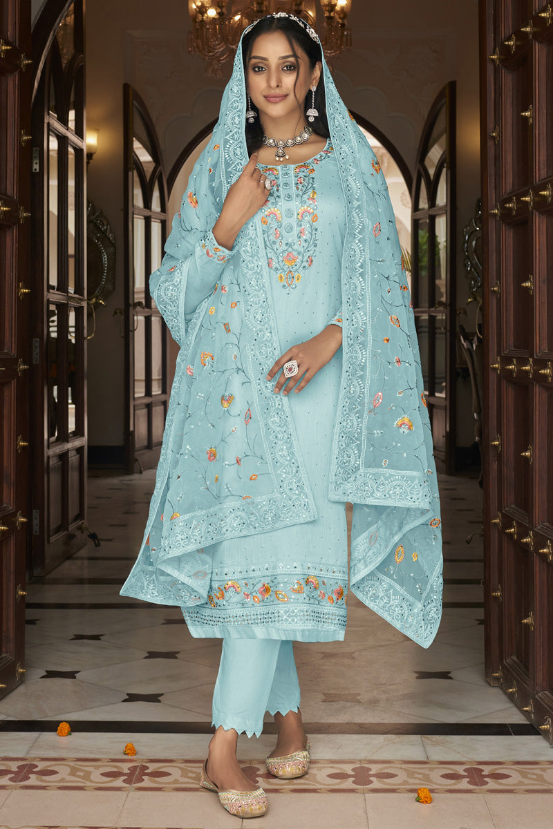 Festival Wear Enticing Embroidered Light Cyan Color Georgette Salwar Suit