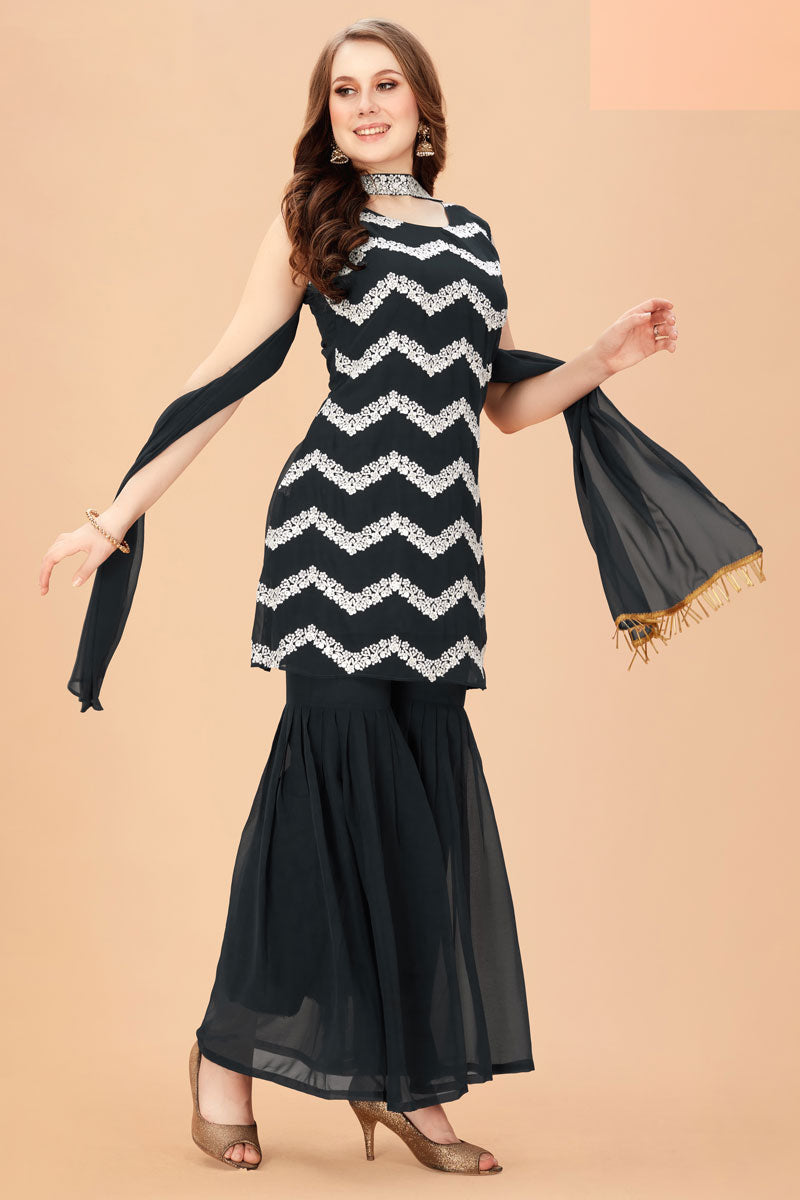 Elegant Sequins Work Georgette Fabric Sharara Suit In Black Color | Buy Online India