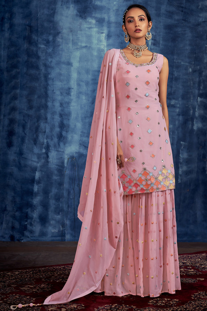 Georgette Sequins Work Sharara Suit In Pink Colour