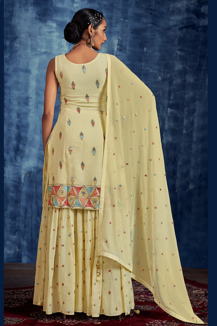 Georgette Sequins Work Sharara Suit In Yellow Colour