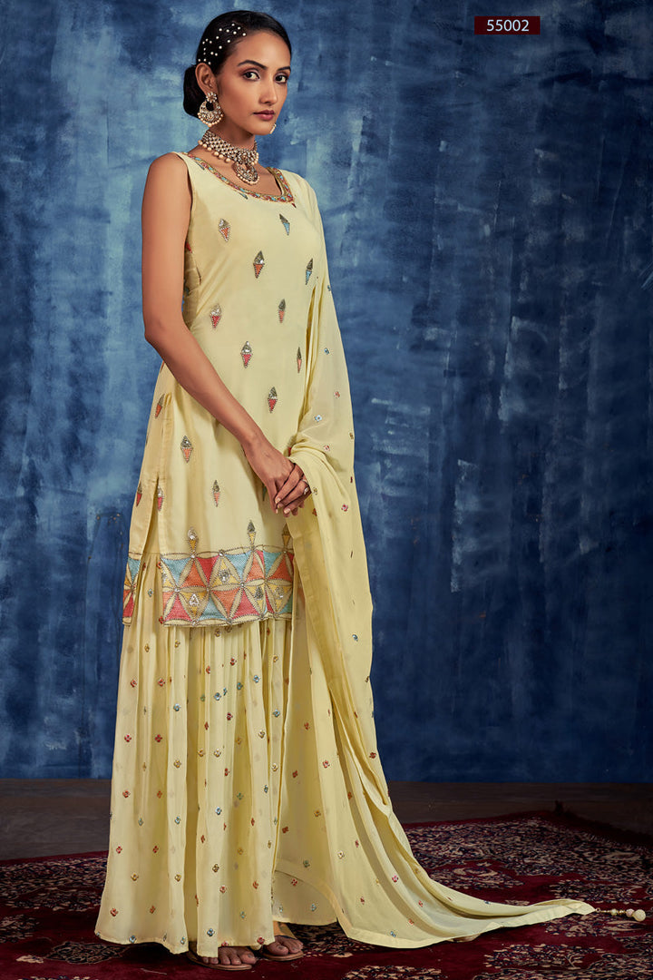 Georgette Sequins Work Sharara Suit In Yellow Colour