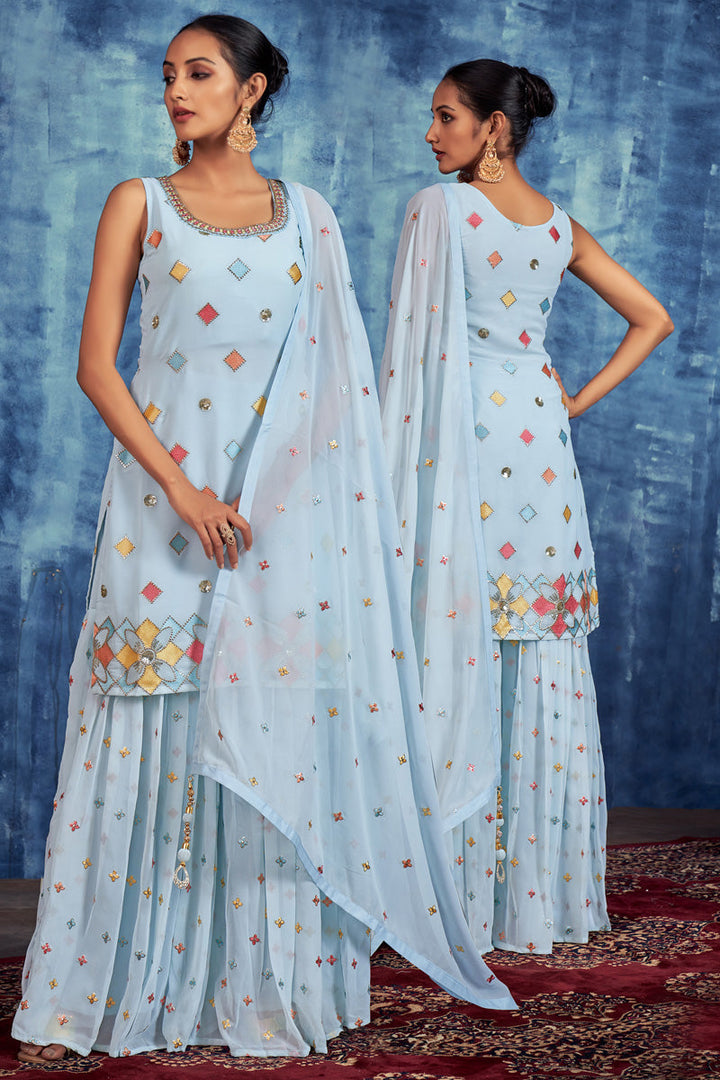 Georgette Sequins Work Sharara Suit In Sky Blue Colour