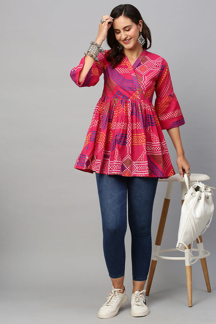 Bewitching Cotton Fabric Casual Look Readymade Short Kurti In Pink Color
