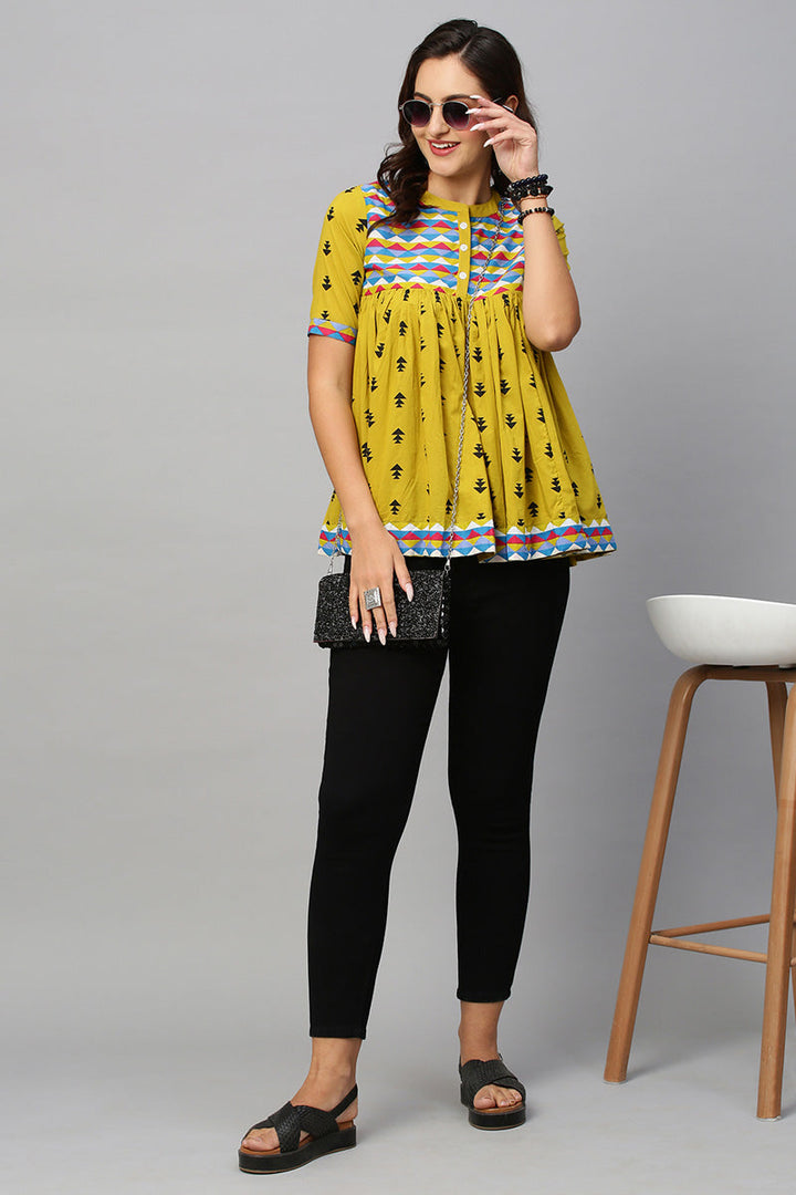 Ingenious Cotton Fabric Mustard Color Casual Look Readymade Short Kurti