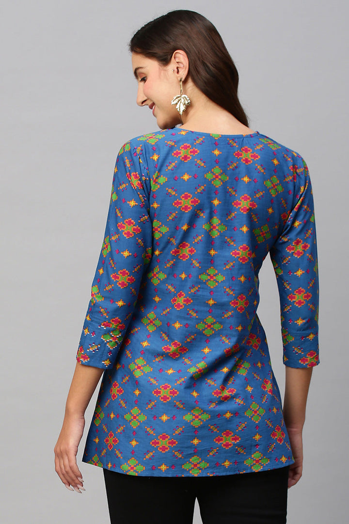 Appealing Blue Color Cotton Fabric Casual Look Readymade Short Kurti