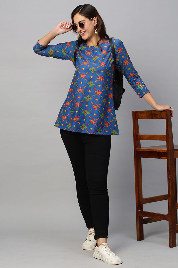 Appealing Blue Color Cotton Fabric Casual Look Readymade Short Kurti