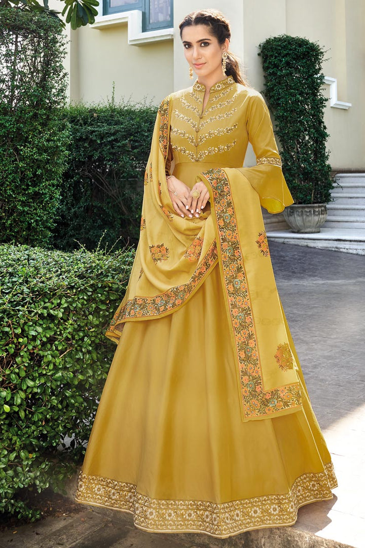 Fancy Festive Wear Yellow Art Silk Embroidered Readymade Anarkali Dress