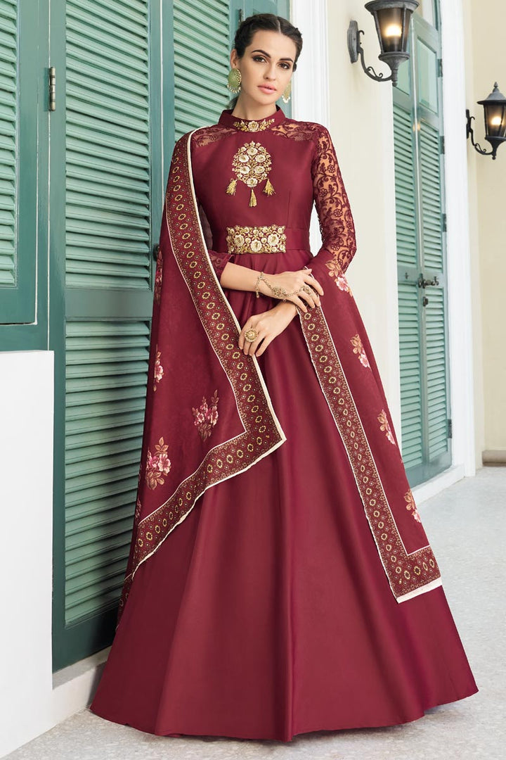 Art Silk Fancy Festive Wear Embroidered Maroon Readymade Anarkali Dress