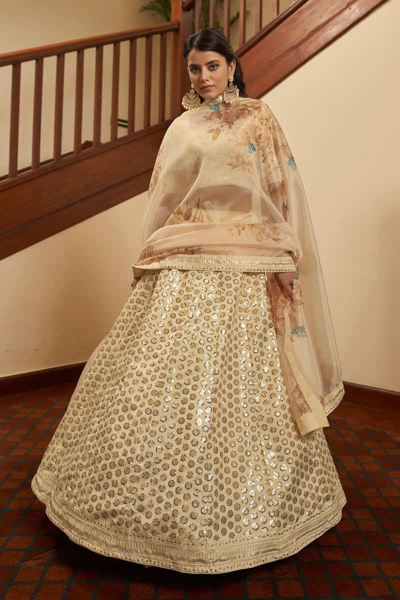 Art Silk Fabric Wedding Wear Sequince Work Lehanga Choli In Beige