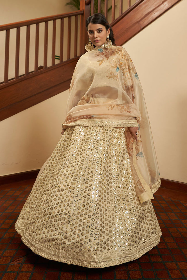 Art Silk Fabric Wedding Wear Sequince Work Lehanga Choli In Beige