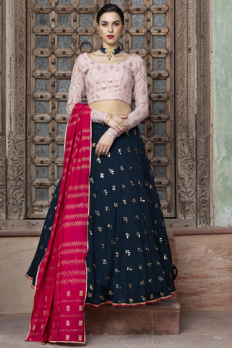 Navy Blue Color Sequins Work Georgette Fabric Wedding Wear Lehenga