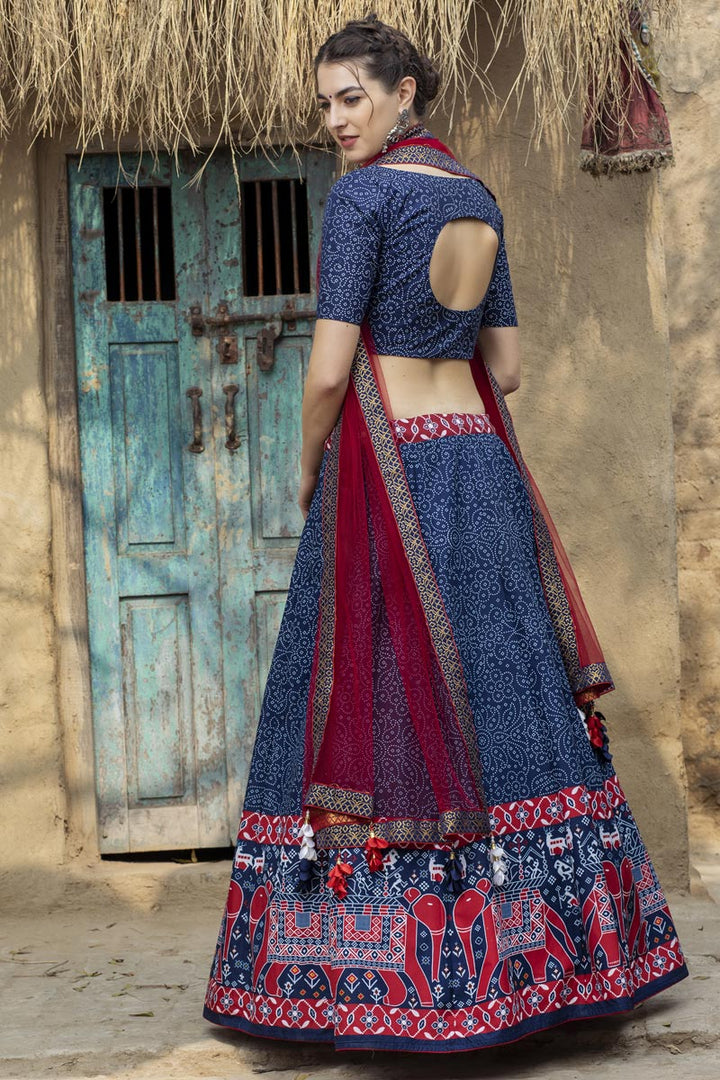 Sangeet Function Wear Navy Blue Color Printed Art Silk Fabric Lehenga Choli