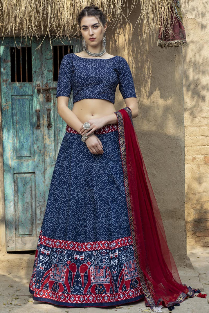 Sangeet Function Wear Navy Blue Color Printed Art Silk Fabric Lehenga Choli